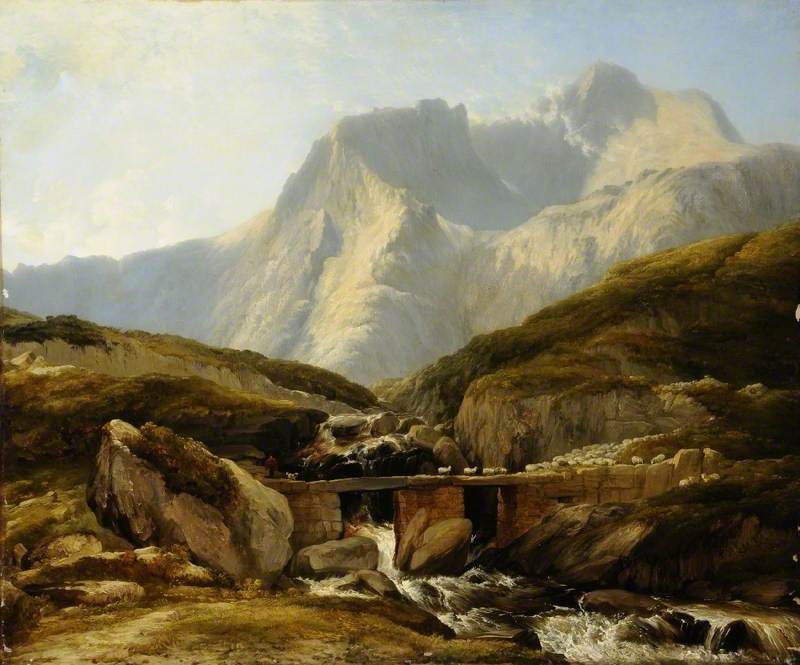 Landscape, Sheep Crossing a Bridge