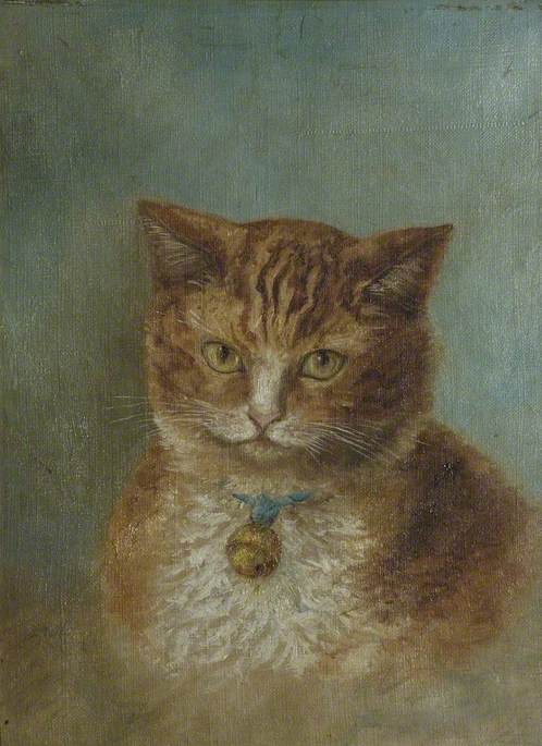 Ginger Cat with Blue Ribbon and Brass Bell around Neck