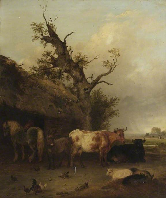 Cattle Shed with Cows and Horses
