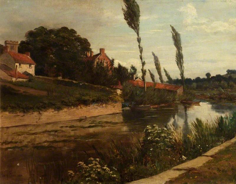 Canal Scene with Poplars, Church Tower and Cottages