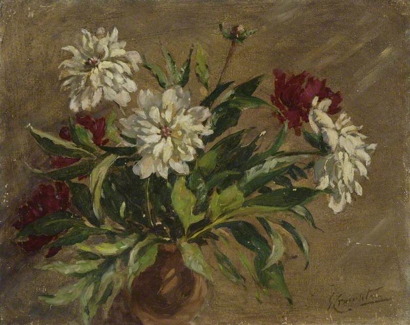 White and Burgundy Flowers in a Brown Vase