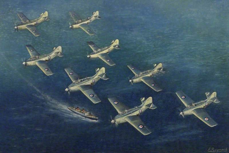 Eight Gannets over SS 'Queen Elizabeth'