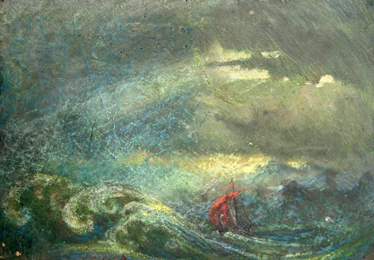 Turbulent Sea and Ship with Red Sails