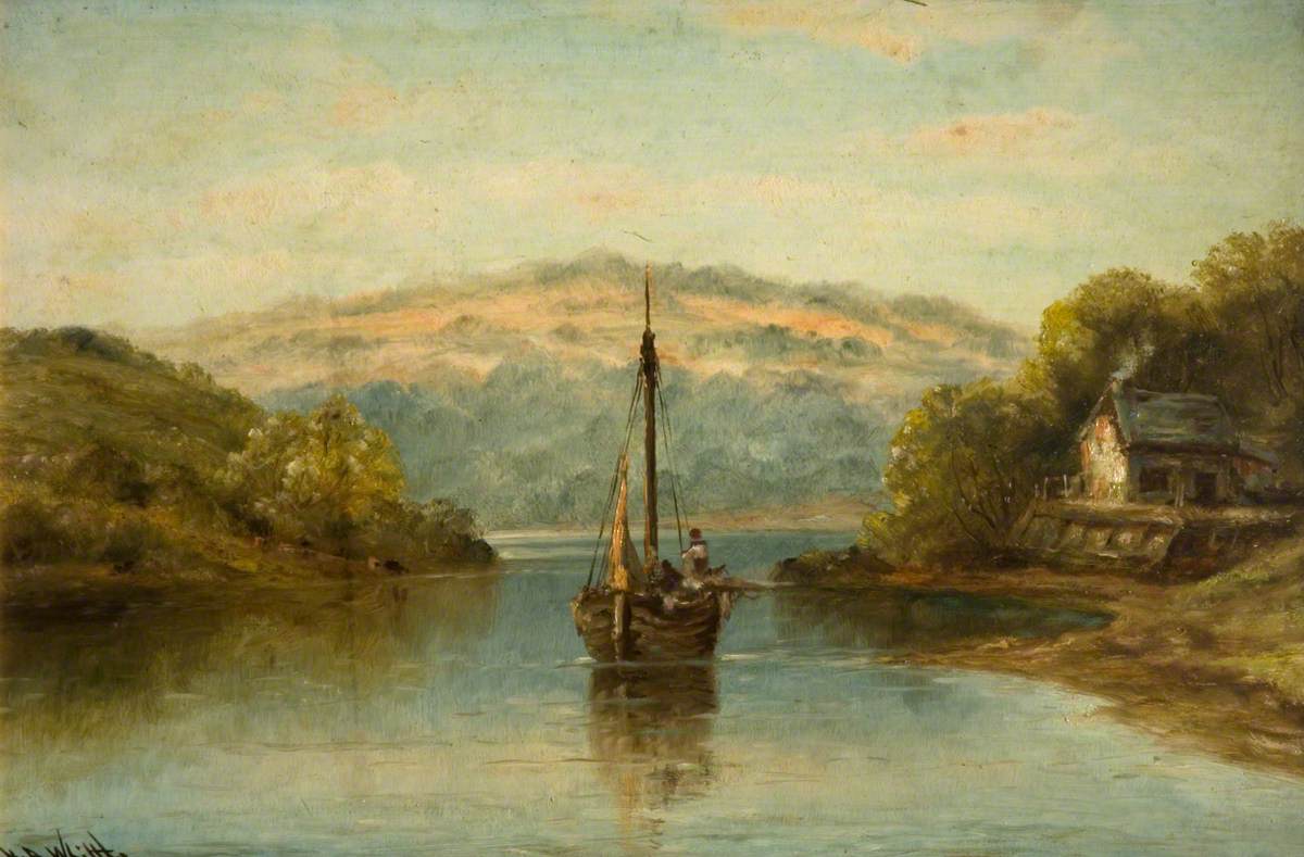 Fishing Boat in a Mountainous River Landscape with Cottages