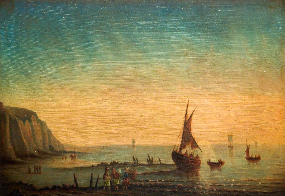 Fishing Boats in a Bay with a Group of Fishermen