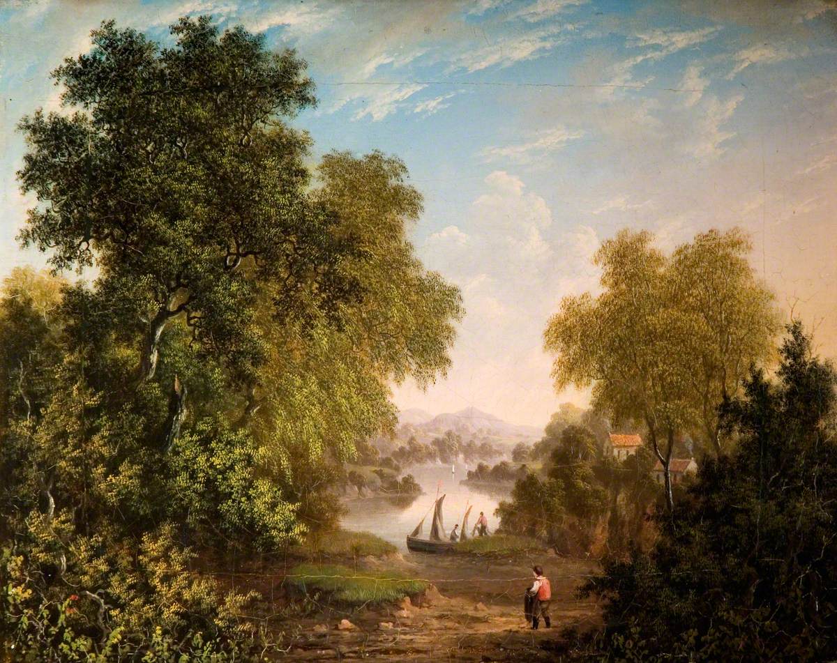 Lake Scene with Boats and Figures