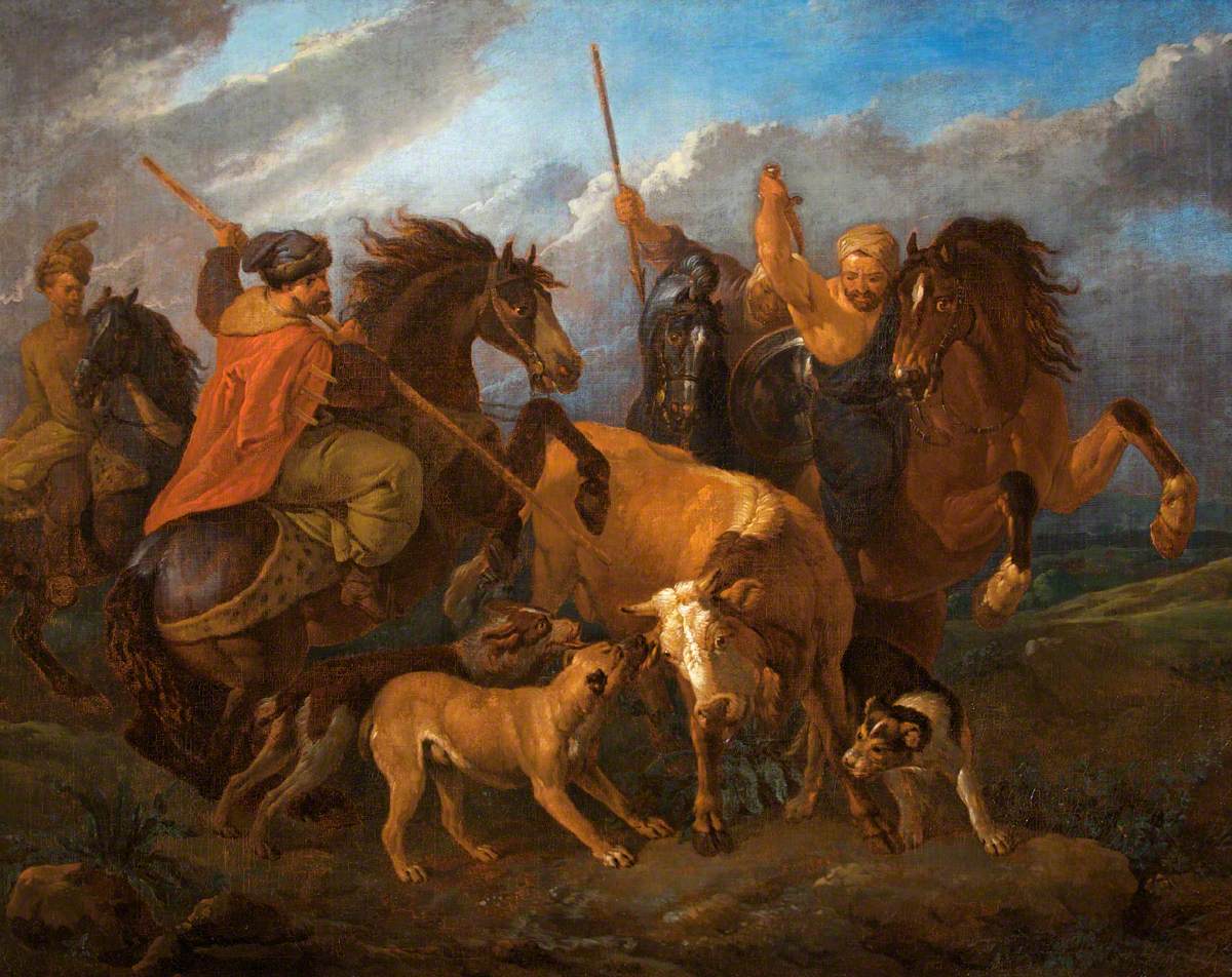 Horsemen and Dogs Hunting a Bull