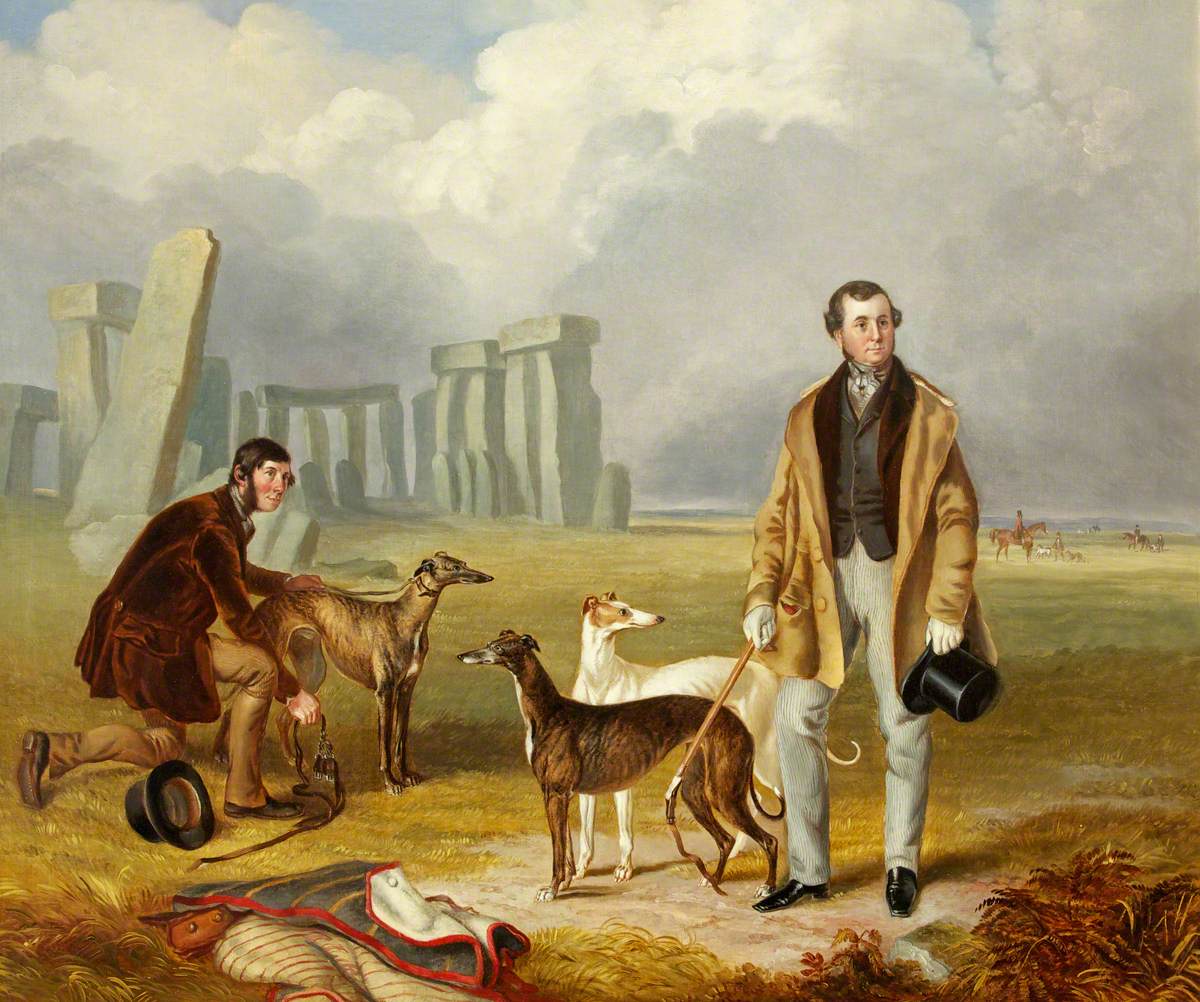 Charles Randell with Greyhounds at Stonehenge
