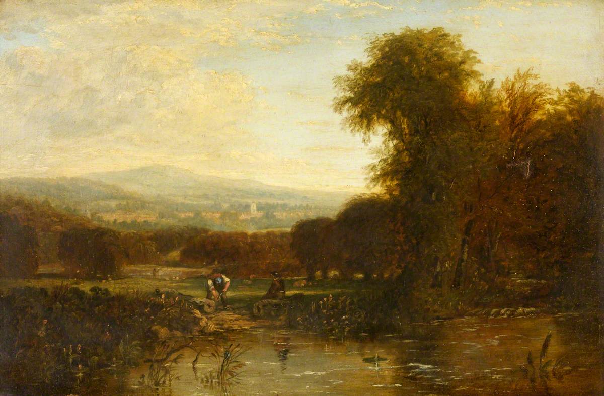 Landscape with Two Figures and a Pond with a Village in the Background