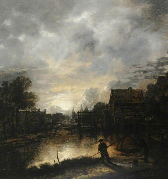 River Landscape in the Evening with Moonlight and a Watermill