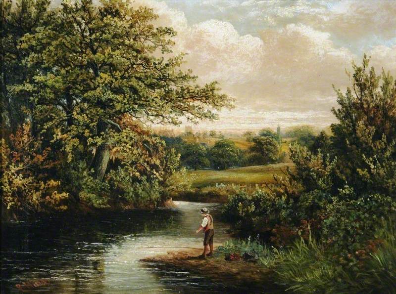 A Boy Fishing in a Wooded River Landscape