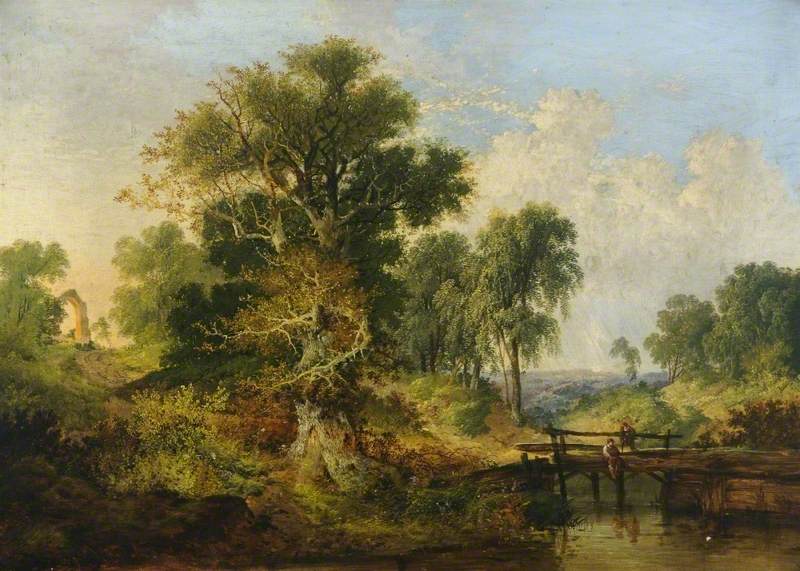A River Landscape with Figures on a Bridge