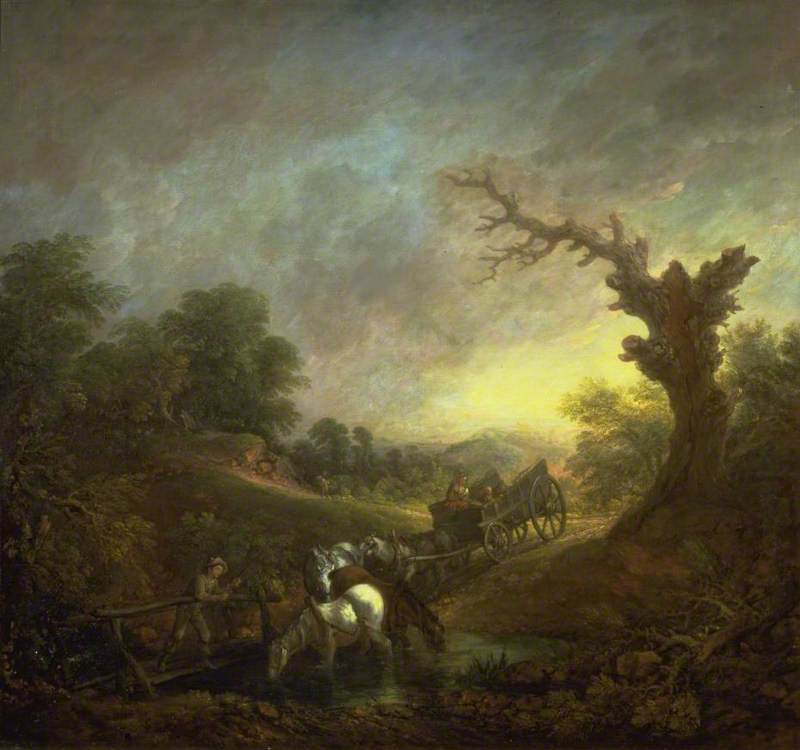 Sunset: Carthorses Drinking at a Stream