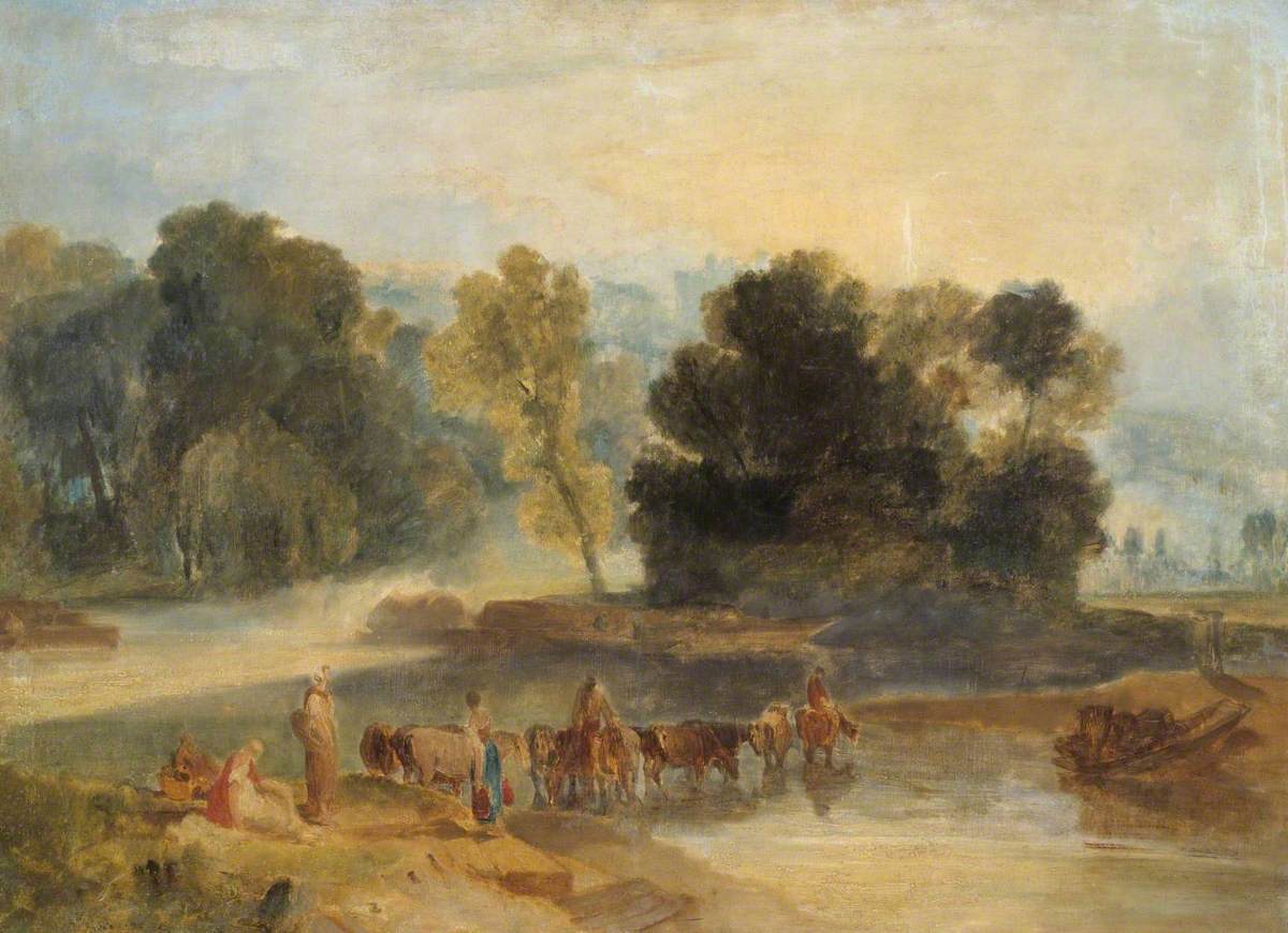 Men with Horses Crossing a River
