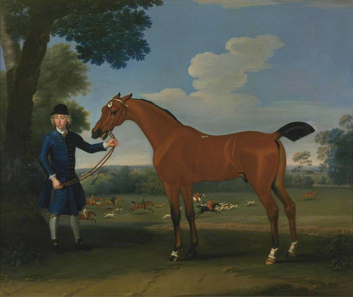 A Bay Hunter Held by a Groom, with a Stag-Hunt in the Background