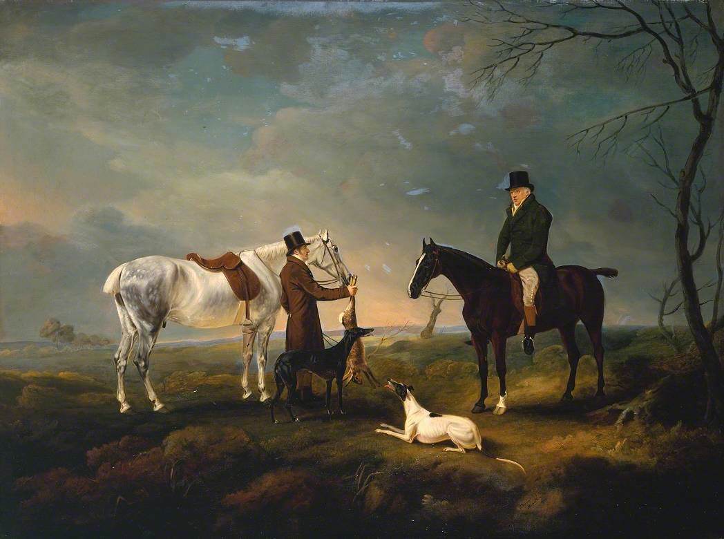 Sir Robert Leighton after Coursing, with a Groom and a Couple of Greyhounds
