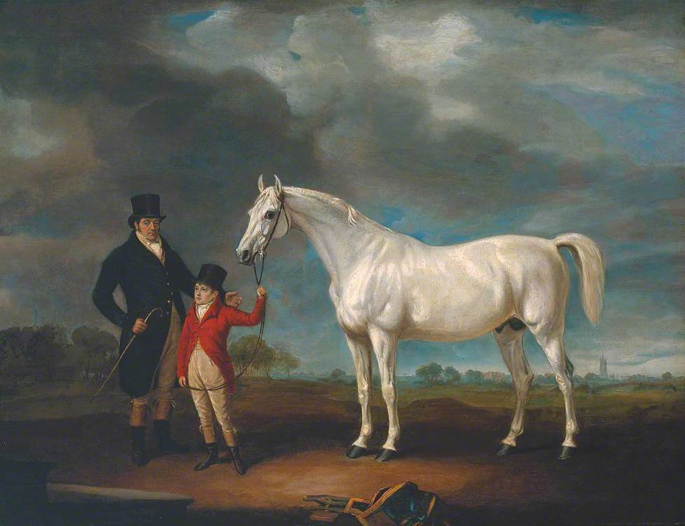 Mr Powell and his Son, with Norton, a Grey Hunter
