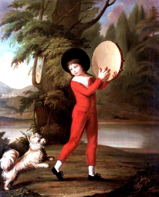 Boy Holding a Tambourine, with a Dog
