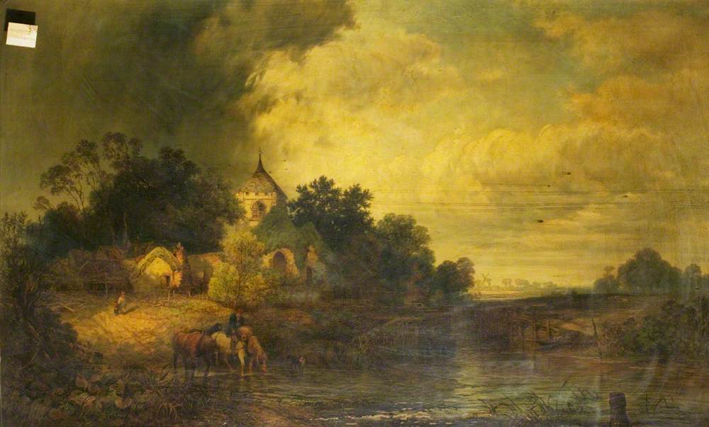 Romantic Landscape with Horses Drinking