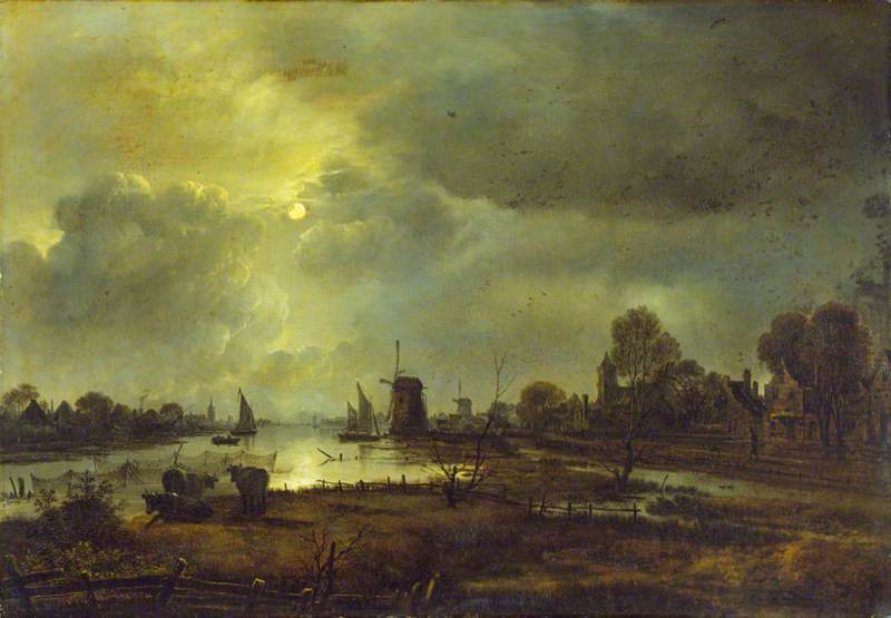 A River Scene by Moonlight