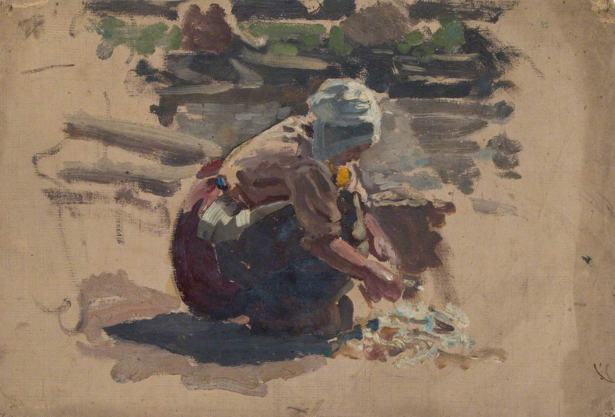 Sketch of a Woman Washing Fish on a Beach