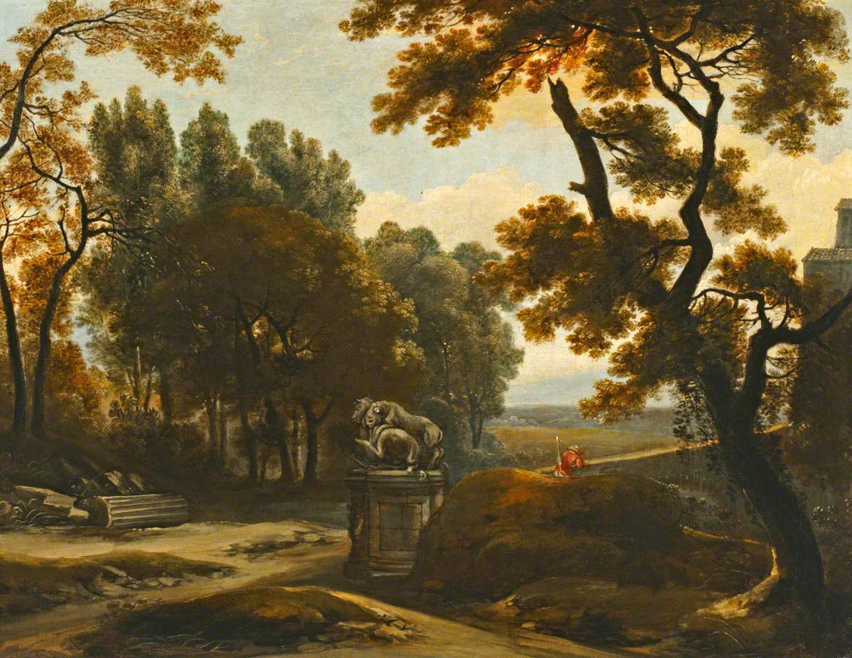 Landscape with Ornamental Lions and Man with a Gun