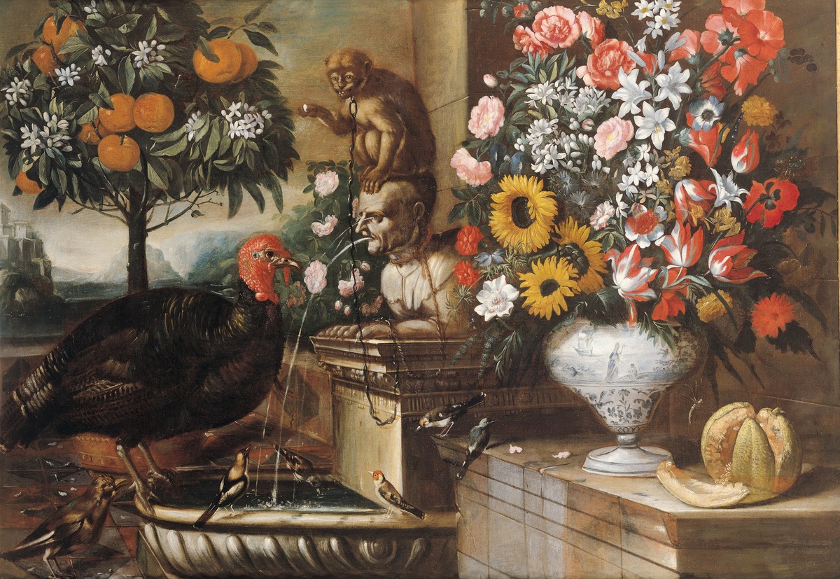 A Monkey, a Turkey and Other Birds around a Marble Fountain, with Flowers and Fruit