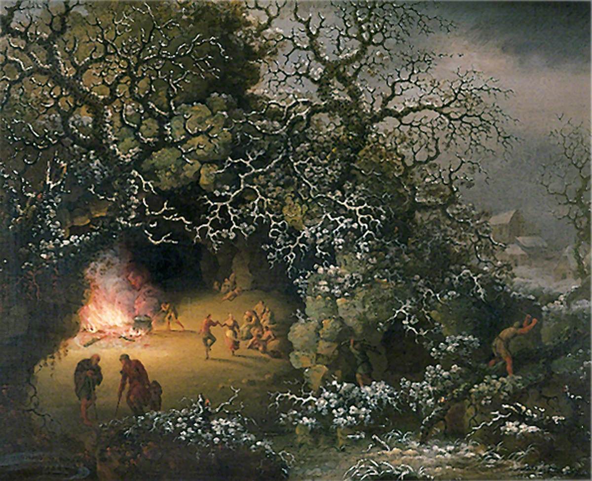 Winter Scene of a Cave in the Foreground and a Fire with Figures Dancing