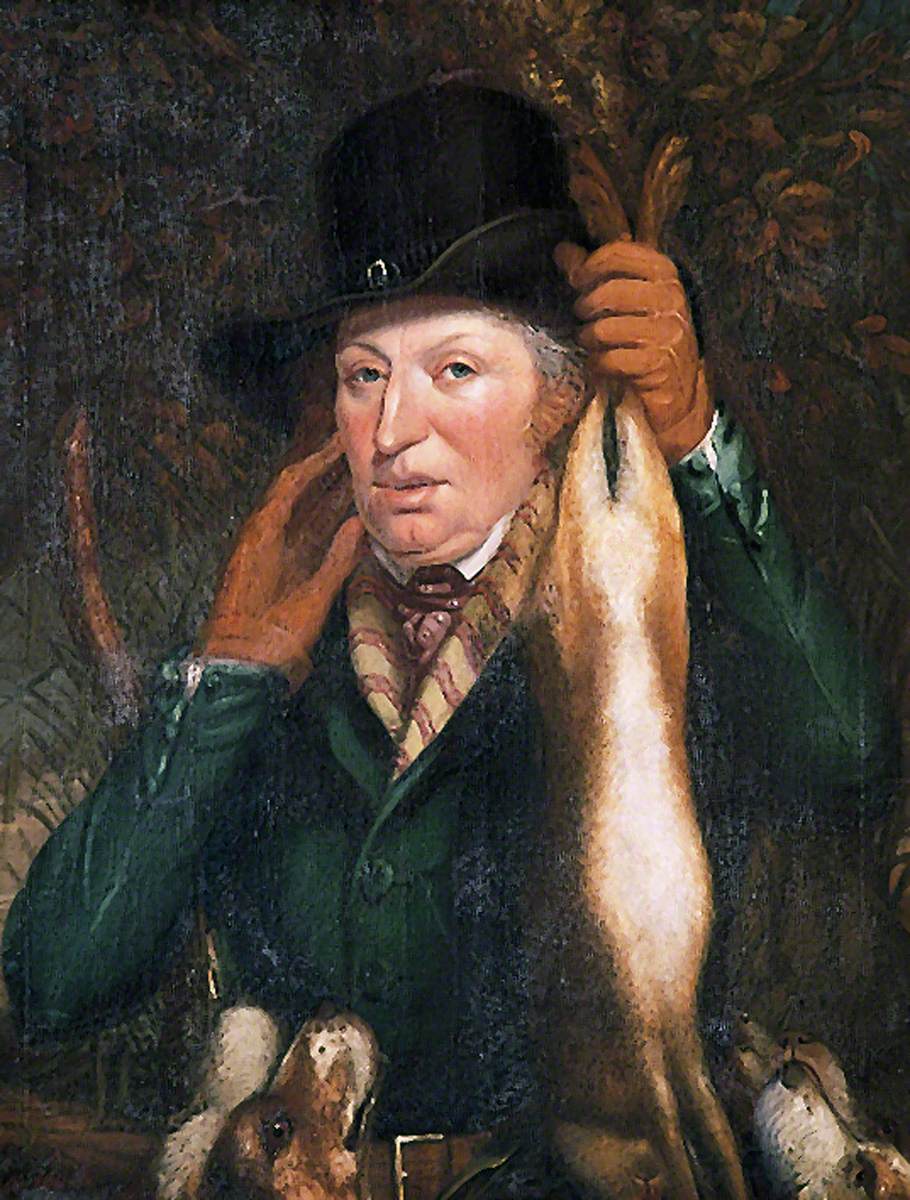 Man in a Green Coat Holding a Hare with Four Hounds at His Feet