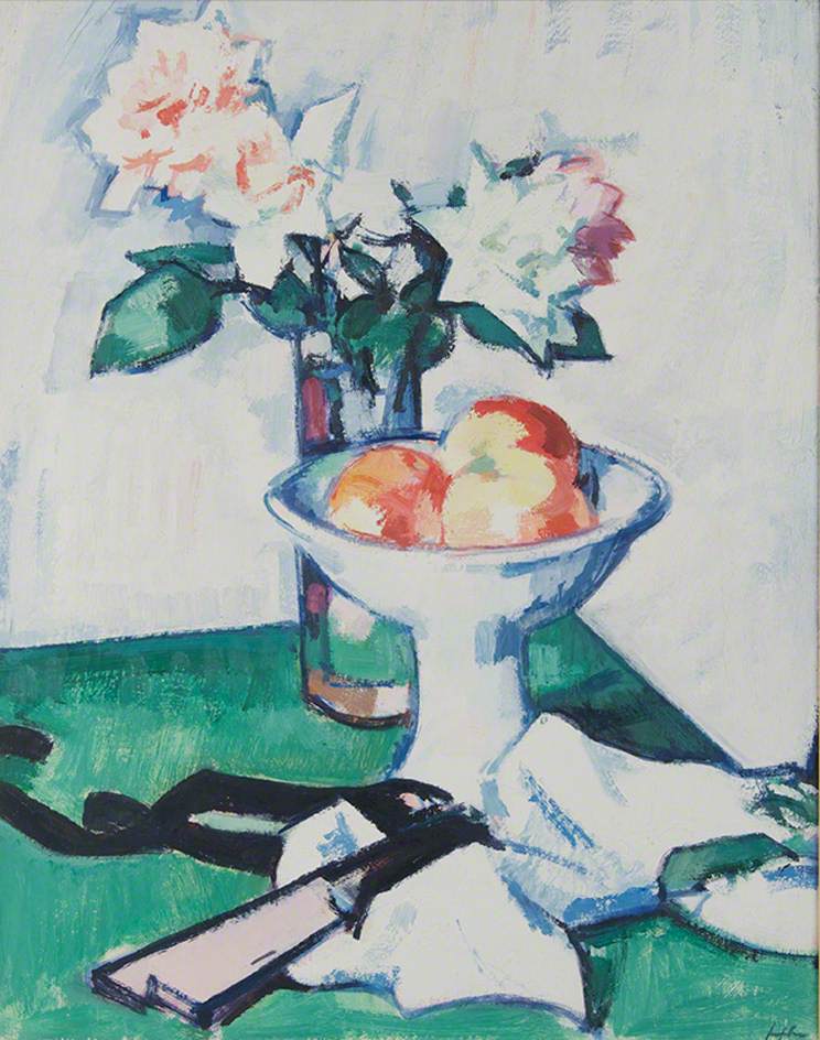Still Life of Roses and a Bowl of Apples on a Green Tablecloth