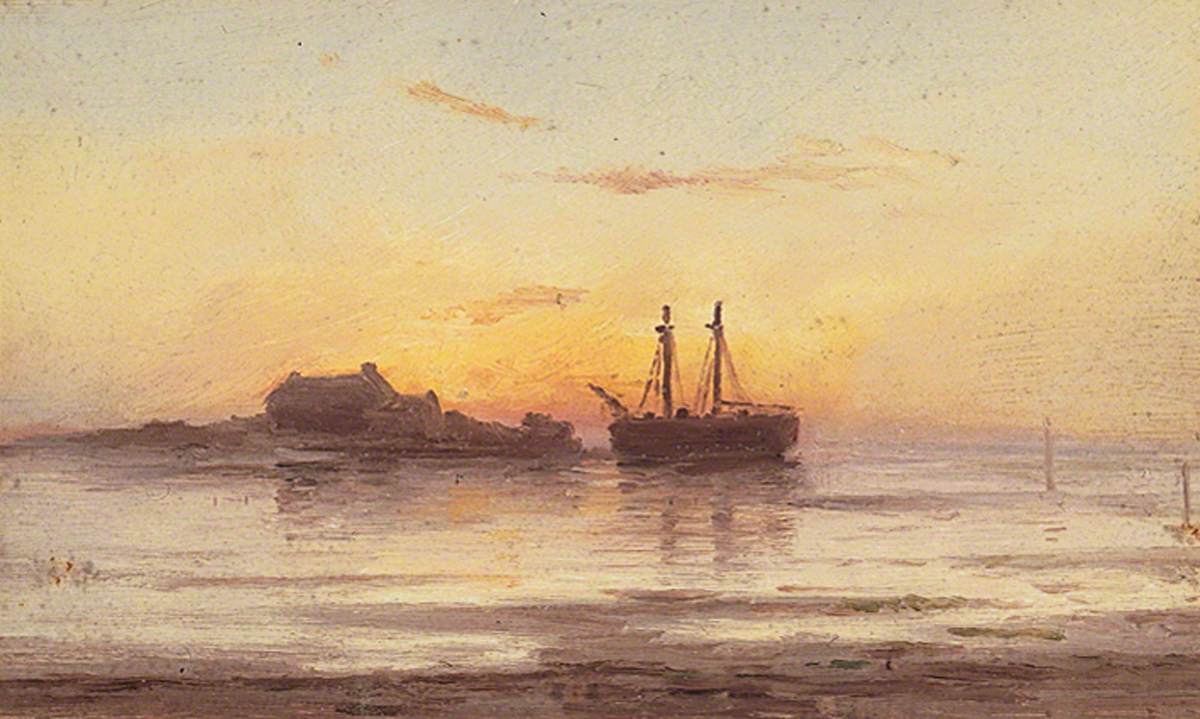Sailing Vessels Moored at Sunset
