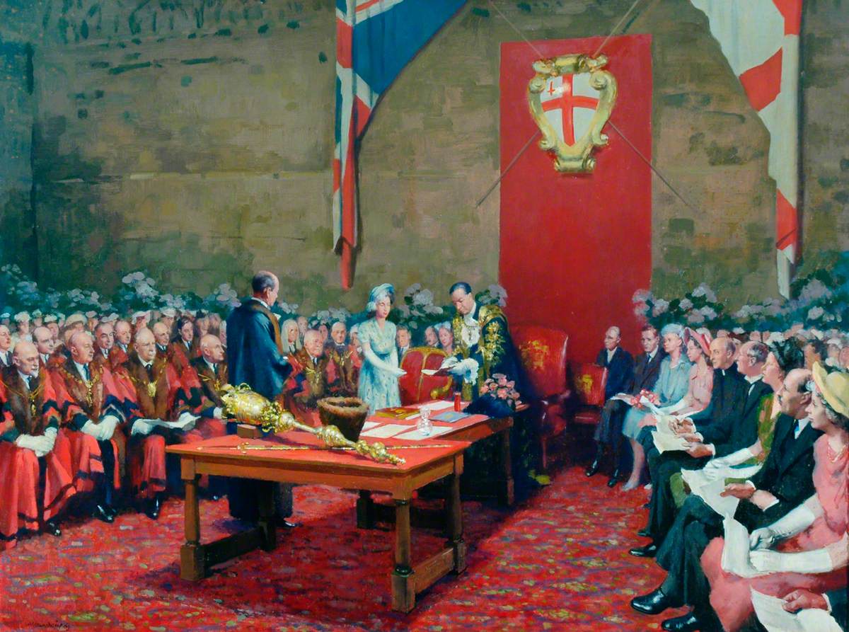 Princess Elizabeth Receiving the Freedom of the City of London from the Lord Mayor of London, Sir Bracewell Smith, 1947