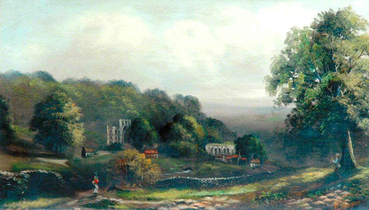 Rural Scene with Two Figures and Abbey