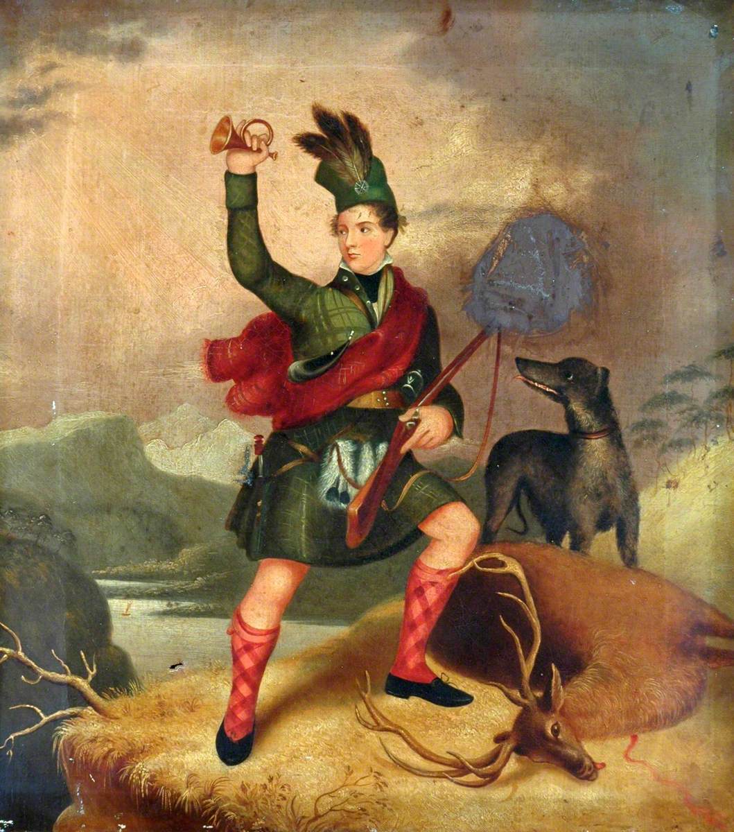 Highland Hunter with a Dog and a Dead Deer