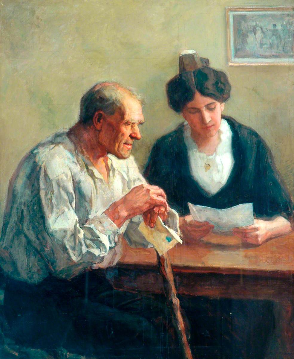 Young Woman Reading a Letter to a Blind Man