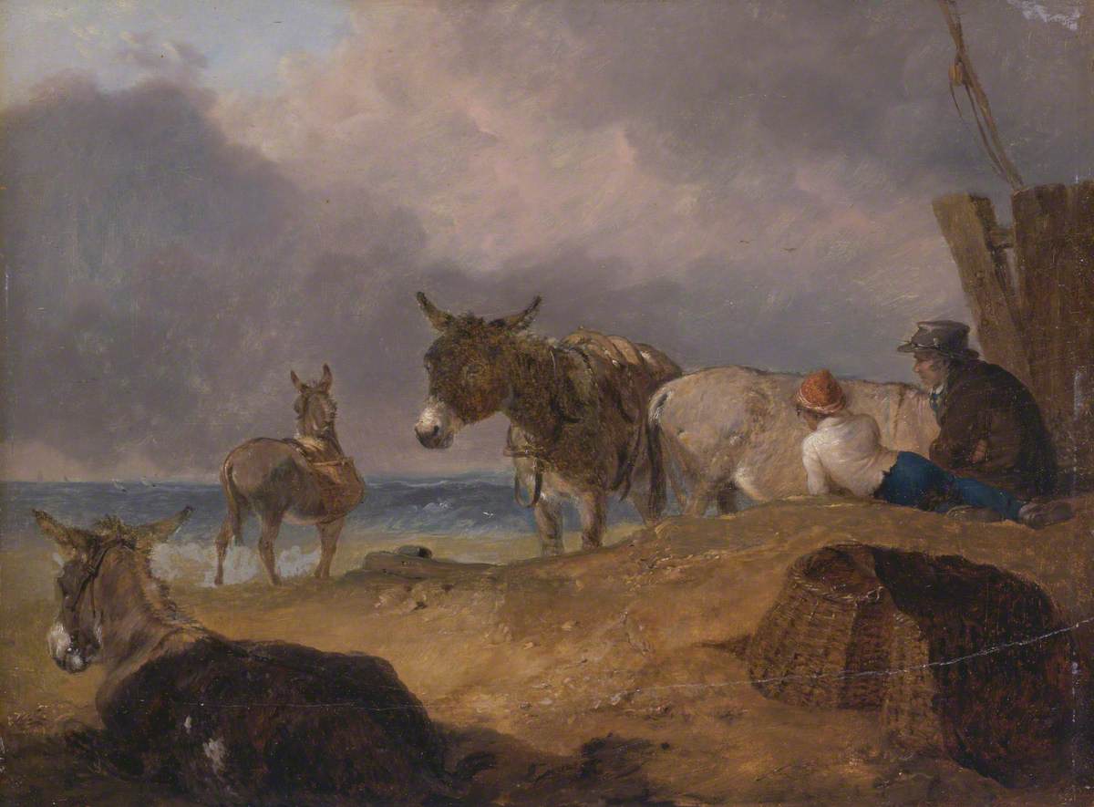 Donkeys and Figures on a Beach
