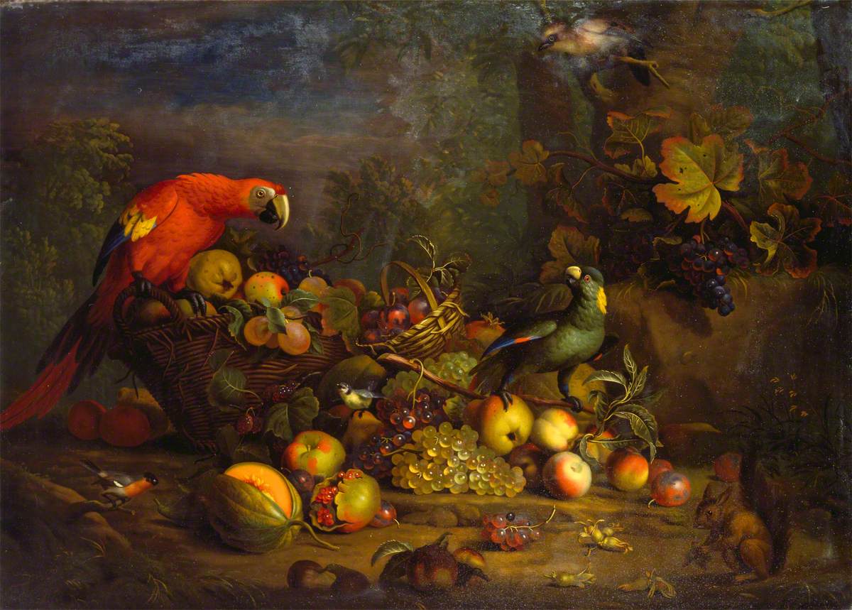 Parrots and Fruit with Other Birds and a Squirrel