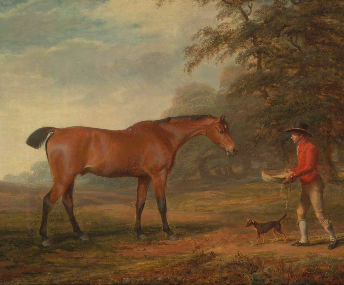 A Bay Horse Approached by a Stable Lad with Food and a Halter