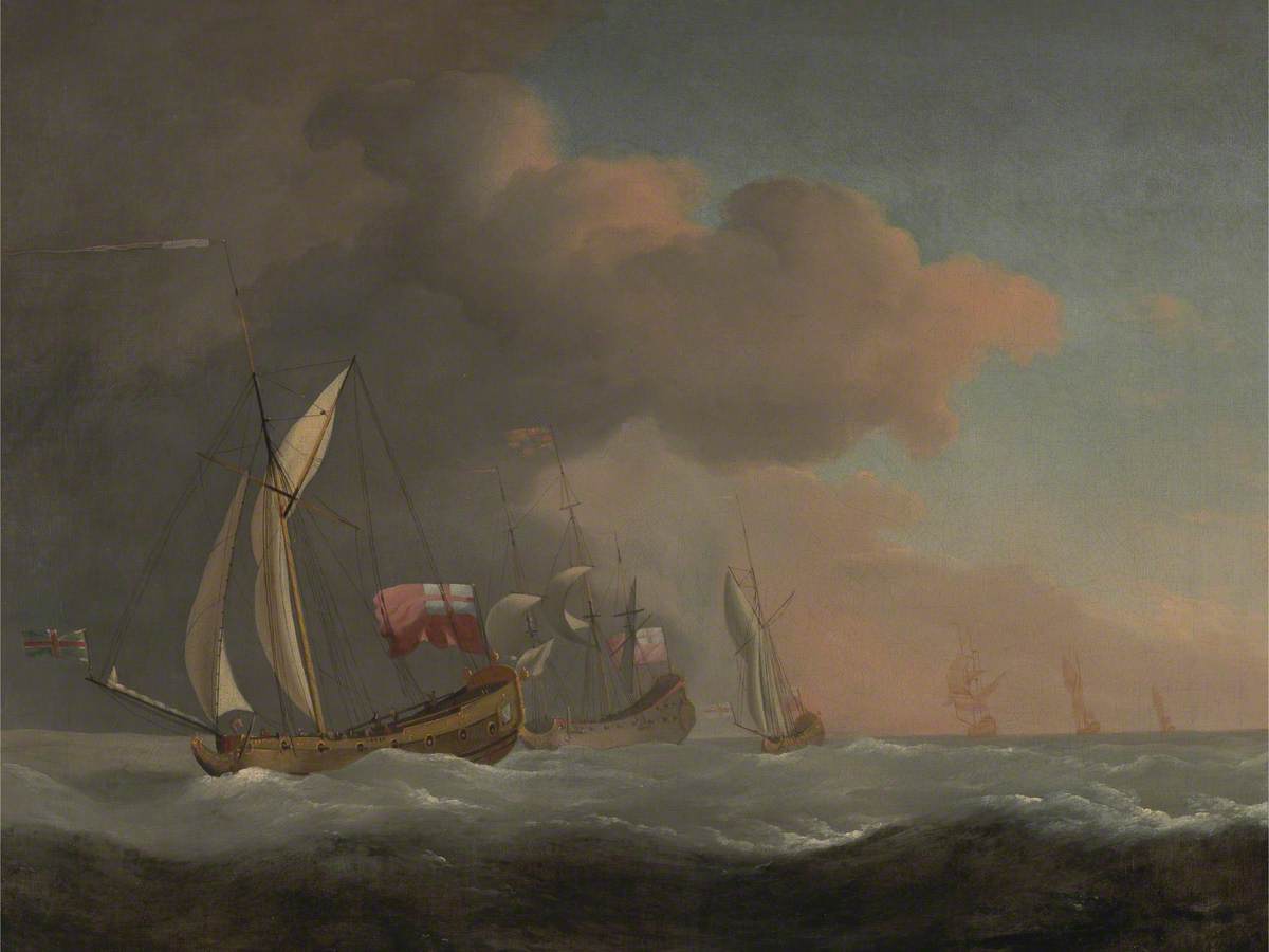 English Royal Yachts at Sea in a Strong Breeze, in Company with a Ship Flying the Royal Standard