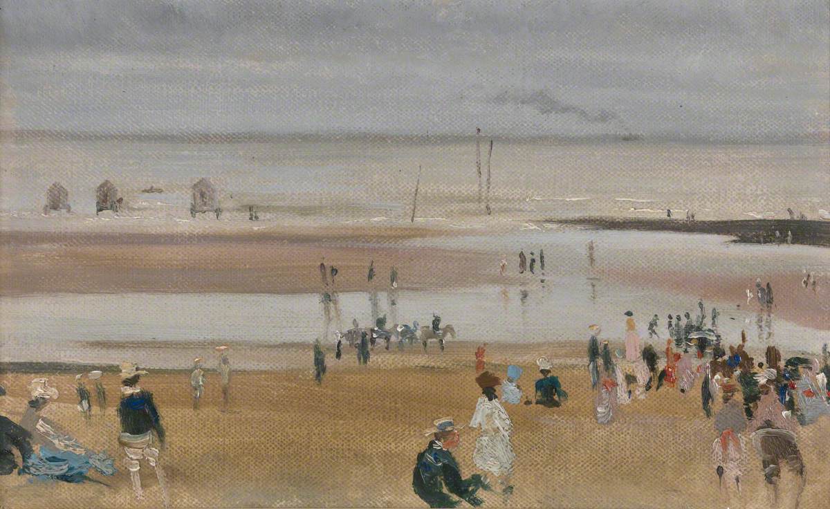 Shore Scene with Bathing Huts and Figures