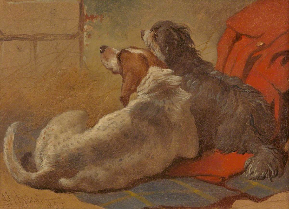 A Hound and a Bearded Collie Seated on a Hunting Coat
