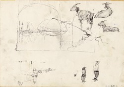 Sketches of Goats, of a Man Fishing, Figures and Buildings & Verso: a Bridge