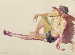 Man seated against a wall