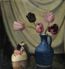 Still Life with Purple Tulips and a Figurine