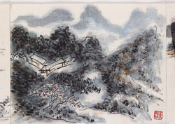 Tree in front of building and mountains