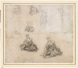 Recto: Studies for David and Goliath and for Christ in the Expulsion of the Merchants from the Temple
Verso: Anatomical Study of a Leg, and very slight Figure Studies