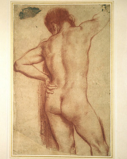 A nude man, standing, seen from behind