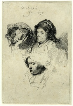 Three Heads of Women: one lightly etched