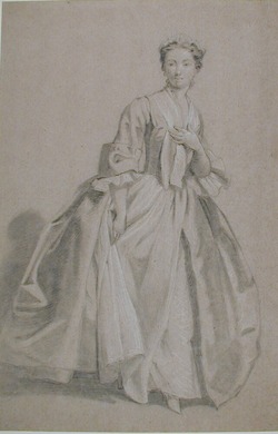 A lady, standing, in contemporary costume, seen from the front