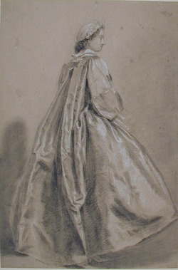 Lady, standing, in contemporary costume, seen from behind